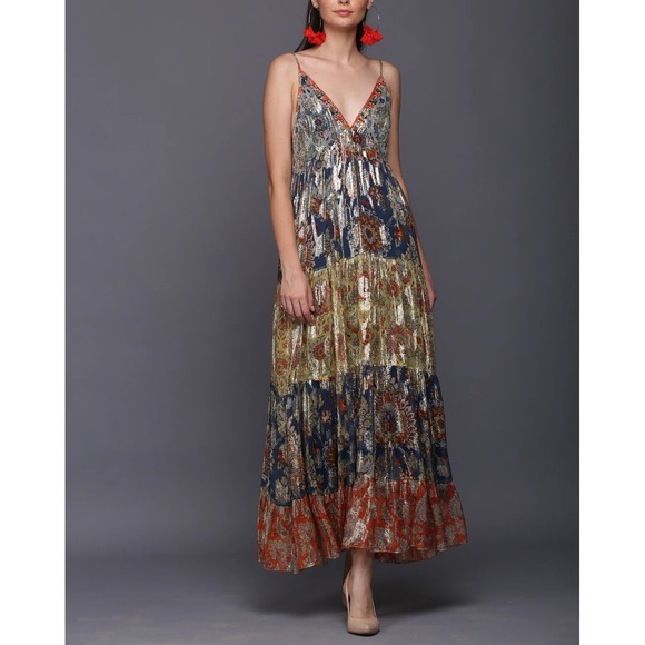 Verb by Pallavi Singhee Echo Maxi Dress Metallic Gold Print Tiered Boho g1 - Picture 1 of 8
